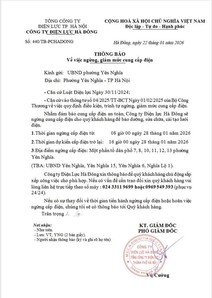 Thông báo của Công ty Điện lực Hà Đông cắt điện ngày 28-01- Ảnh 1.