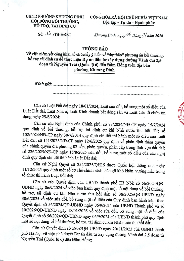 Thông báo: Niêm yết công khai, tổ chức lấy ý kiến phương án bồi thường, hỗ trợ, tái định cư để thực hiện Dự án đầu tư xây dựng đường Vành đai 2,5 trên địa bàn phường- Ảnh 1.