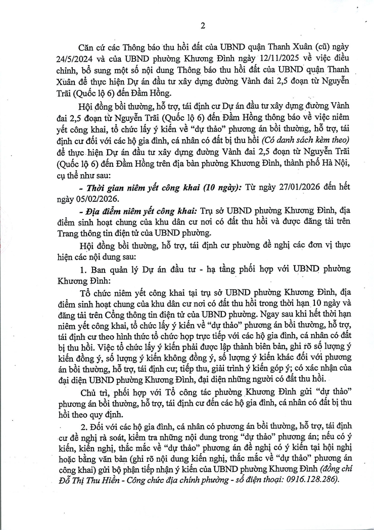 Thông báo: Niêm yết công khai, tổ chức lấy ý kiến phương án bồi thường, hỗ trợ, tái định cư để thực hiện Dự án đầu tư xây dựng đường Vành đai 2,5 trên địa bàn phường- Ảnh 2.