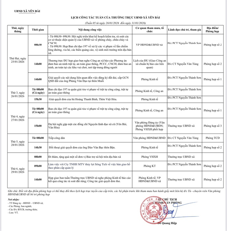LỊCH CÔNG TÁC TUẦN CỦA THƯỜNG TRỰC UBND XÃ YÊN BÀI- Ảnh 1.