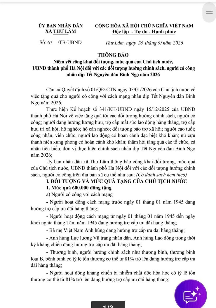UBND xã Thư Lâm thông báo niêm yết công khai đối tượng, mức quà của Chủ tịch nước, UBND thành phố Hà Nội đối với các đối tượng hưởng chính sách, người có công nhân dịp Tết Nguyên đán Bính Ngọ năm 2026- Ảnh 1.