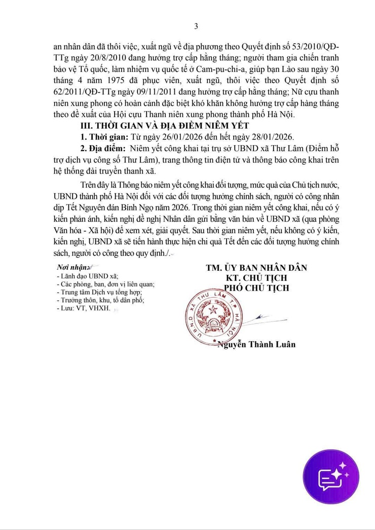 UBND xã Thư Lâm thông báo niêm yết công khai đối tượng, mức quà của Chủ tịch nước, UBND thành phố Hà Nội đối với các đối tượng hưởng chính sách, người có công nhân dịp Tết Nguyên đán Bính Ngọ năm 2026- Ảnh 3.