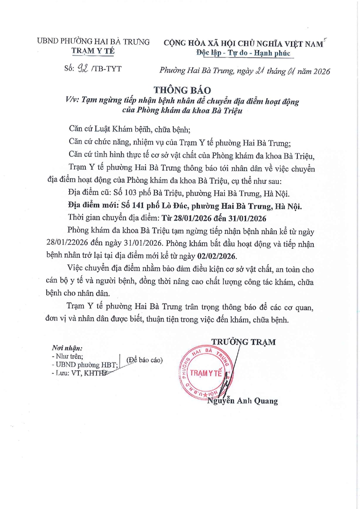 Phường Hai Bà Trưng: Tạm dừng tiếp nhận bệnh nhân để chuyển địa điểm hoạt động của Phòng khám đa khoa Bà Triệu.- Ảnh 1.