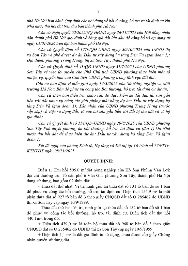 Thông báo công khai Quyết định thu hồi đất để thực hiện Dự án (hộ ông Phùng Văn Lợi - Tổ dân phố 6 Vân Gia)

- Ảnh 2.