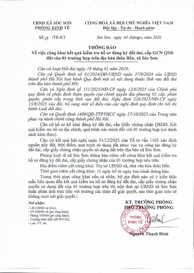 Thông báo niêm yết công khai kết quả kiểm tra hồ sơ đăng ký đất đai, cấp GCN QSD đất của ông Trần Văn Hạ và bà Lê Thị Lâm- Ảnh 1.