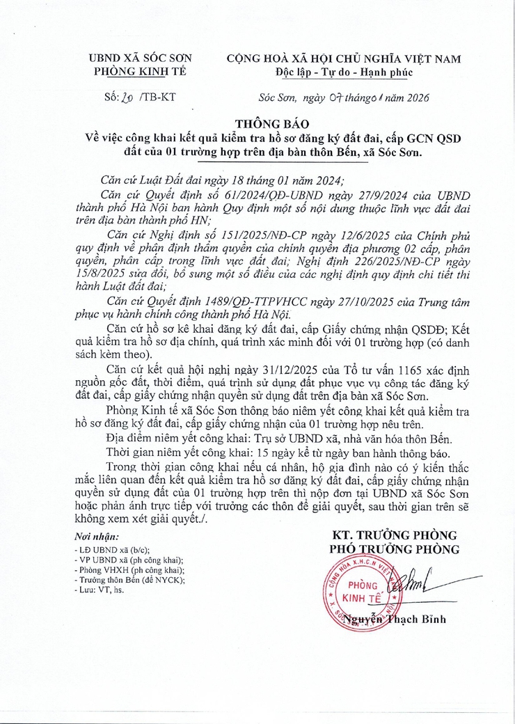 THÔNG BÁO CÔNG KHAI KẾT QUẢ KIỂM TRA HỒ SƠ ĐĂNG KÝ ĐẤT ĐAI, CẤP GCN QSD ĐẤT CỦA ÔNG TRẦN VĂN PHƯỢNG VÀ BÀ NGUYỄN THỊ XUYẾN- Ảnh 1.