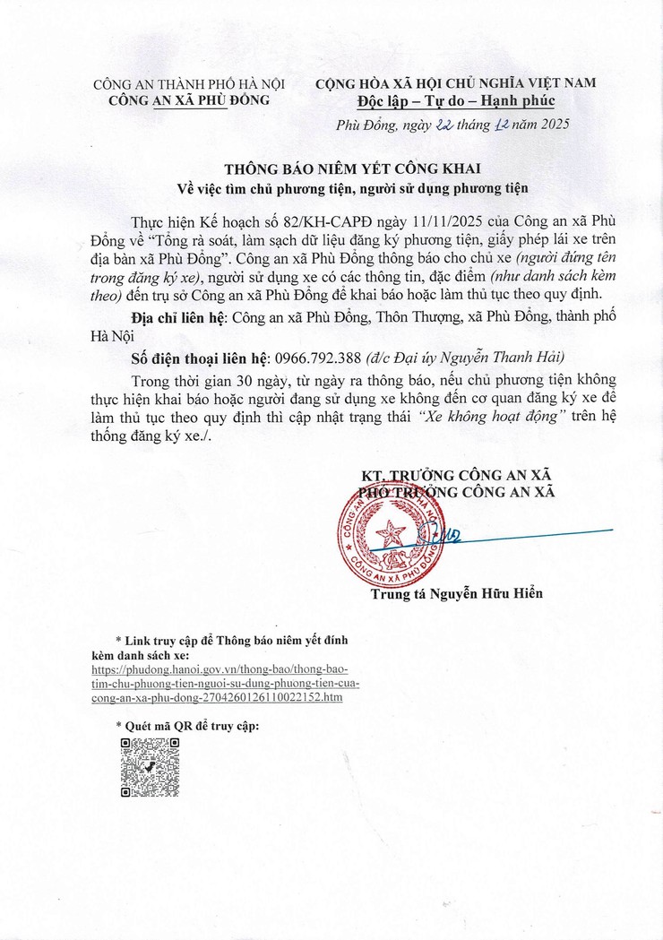 Thông báo tìm chủ phương tiện, người sử dụng phương tiện của Công an xã Phù Đổng- Ảnh 1.