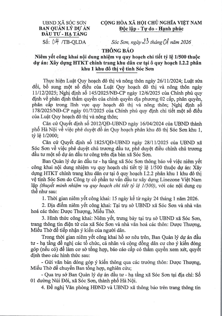 THÔNG BÁO NIÊM YẾT CÔNG KHAI QUY HOẠCH TỶ LỆ 1/500 DỰ ÁN: XÂY DỰNG HTKT CHỈNH TRANG KHU DÂN CƯ, TẠI Ô I.2.2 PHÂN KHU 1 - KHU ĐÔ THỊ VỆ TINH SÓC SƠN- Ảnh 1.