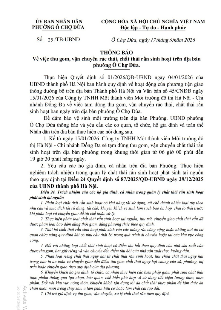 Thông báo về việc thu gom, vận chuyển rác thải, chất thải rắn sinh hoạt trên địa bàn Phường Ô Chợ Dừa- Ảnh 1.