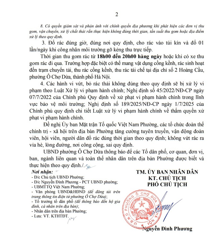 Thông báo về việc thu gom, vận chuyển rác thải, chất thải rắn sinh hoạt trên địa bàn Phường Ô Chợ Dừa- Ảnh 2.
