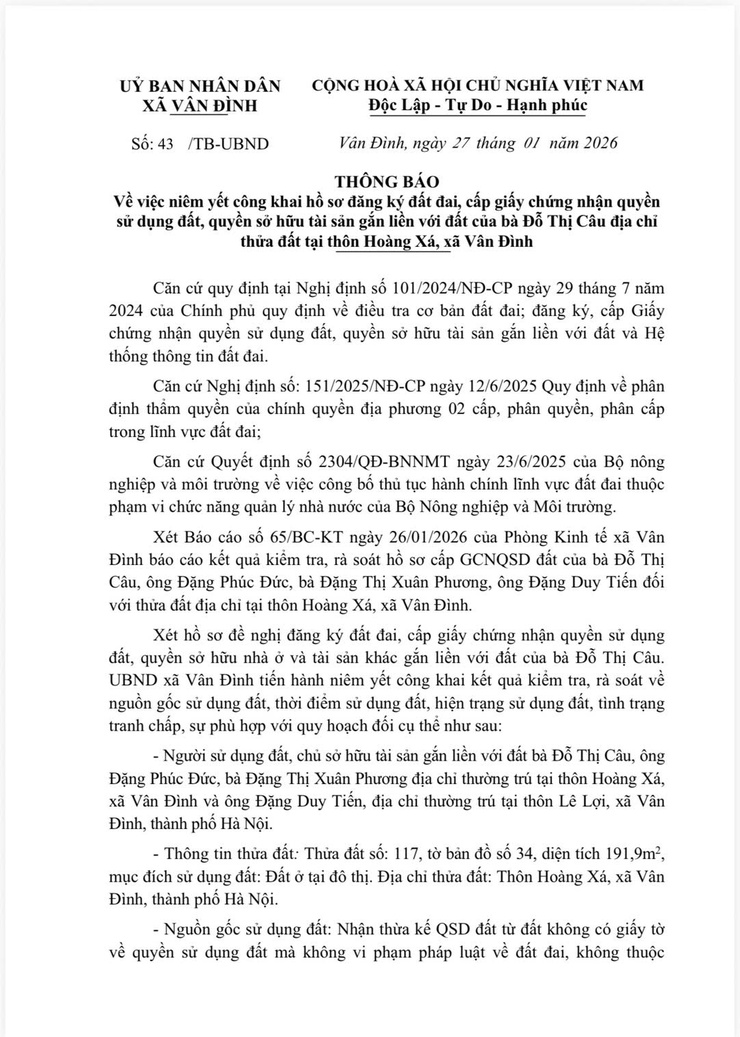 Thông báo về việc niêm yết công khai hồ sơ đăng ký đất đai, cấp giấy chứng nhận quyền sử dụng đất- Ảnh 1.