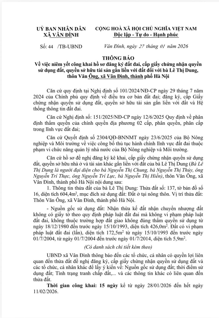 Thông báo về việc niêm yết công khai hồ sơ đăng ký đất đai, cấp giấy chứng nhận quyền sử dụng đất- Ảnh 1.