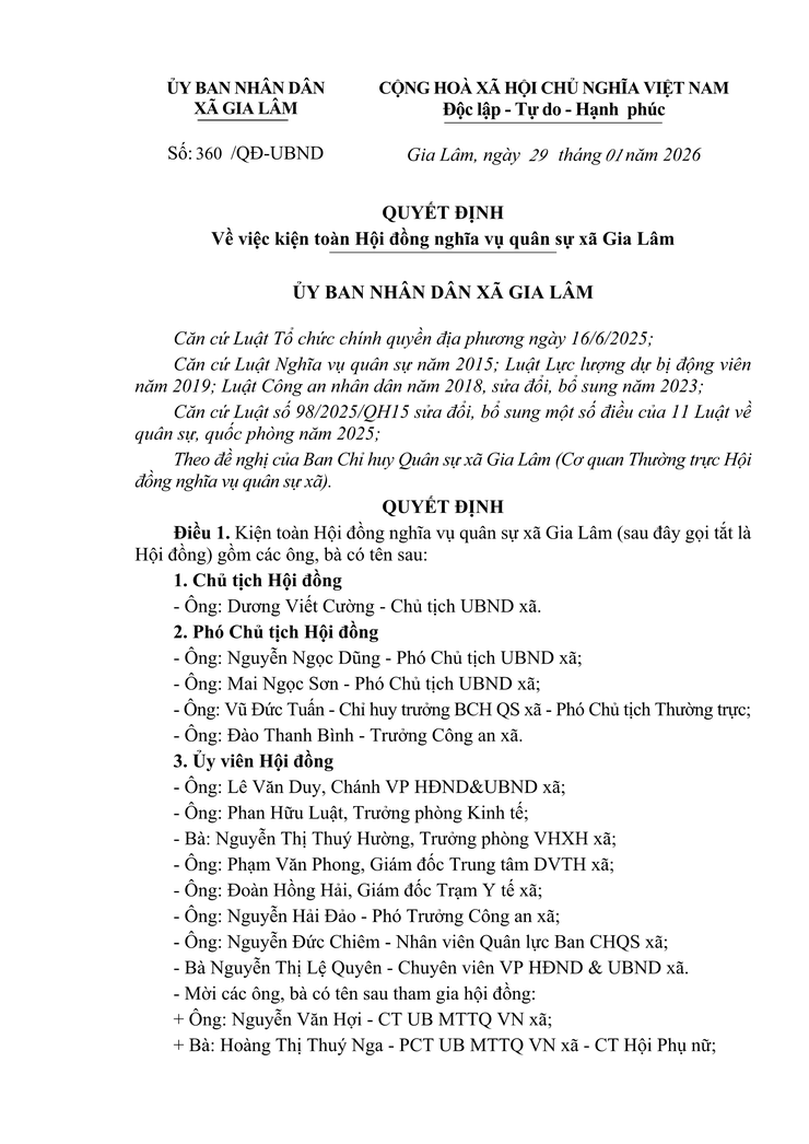 Quyết định về việc kiện toàn Hội đồng nghĩa vụ quân sự xã Gia Lâm- Ảnh 1.