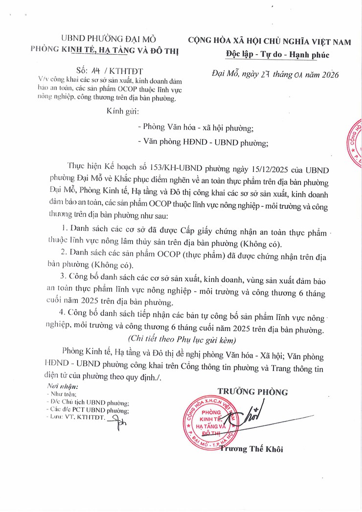 DANH SÁCH CÁC CƠ SỞ SẢN XUẤT, KINH DOANH, NÔNG LÂM THỦY SẢN, CÔNG THƯƠNG ĐẢM BẢO AN TOÀN THỰC PHẨM, CÁC SẢN PHẨM OCOP TRÊN ĐỊA BÀN PHƯỜNG ĐẠI MỖ CẬP NHẬT ĐẾN NGÀY 28/01/2026- Ảnh 1.