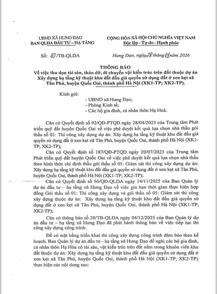 THÔNG BÁO
Về việc thu dọn tài sản, tháo dỡ, di chuyển vật kiến trúc trên đất thuộc dự án xây dựng hạ tầng kỹ thuật khu đất đấu giá quyền sử dụng đất ở xen kẹt xã Tân Phú, huyện Quốc Oai, thành phố Hà Nội (XK1-TP; XK2-TP)- Ảnh 1.