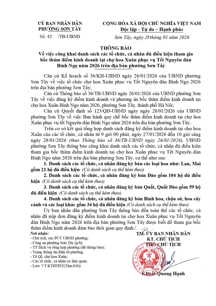 Thông báo công khai Danh sách các tổ chức, cá nhân đủ điều kiện tham gia bốc thăm điểm kinh doanh tại chợ hoa Xuân phục vụ Tết Nguyên đán Bính Ngọ 2026 trên địa bàn phường- Ảnh 1.