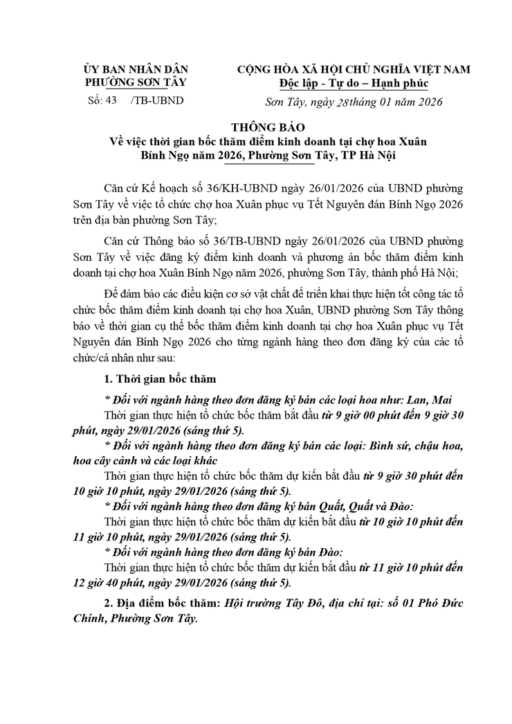 Thông báo công khai Thời gian bốc thăm điểm kinh doanh tại chợ hoa Xuân Bính Ngọ 2026 phường Sơn Tây- Ảnh 1.