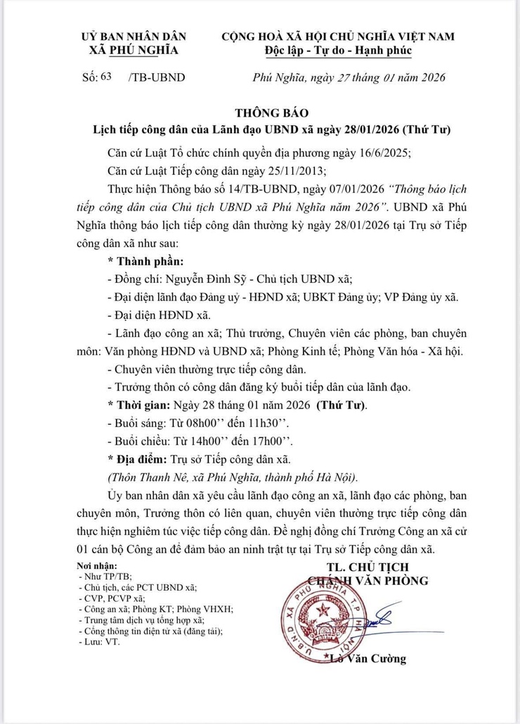 Thông báo lịch tiếp công dân của lãnh đạo Ủy ban nhân dân xã ngày 28/01/2026- Ảnh 1.