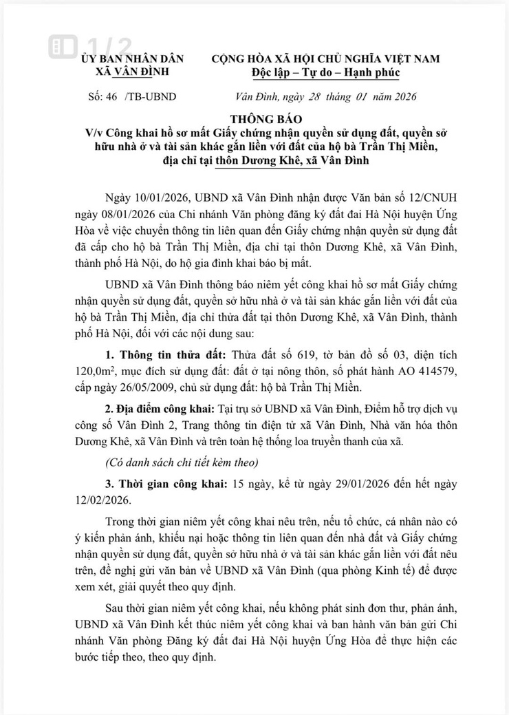 Thông báo V/v Công khai hồ sơ mất Giấy chứng nhận quyền sử dụng đất, quyền sở hữu nhà ở và tài sản khác gắn liền với đất của hộ bà Trần Thị Miền,địa chỉ tại thôn Dương Khê, xã Vân Đình- Ảnh 1.