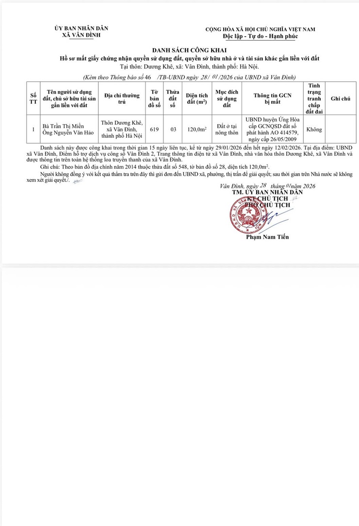 Thông báo V/v Công khai hồ sơ mất Giấy chứng nhận quyền sử dụng đất, quyền sở hữu nhà ở và tài sản khác gắn liền với đất của hộ bà Trần Thị Miền,địa chỉ tại thôn Dương Khê, xã Vân Đình- Ảnh 3.