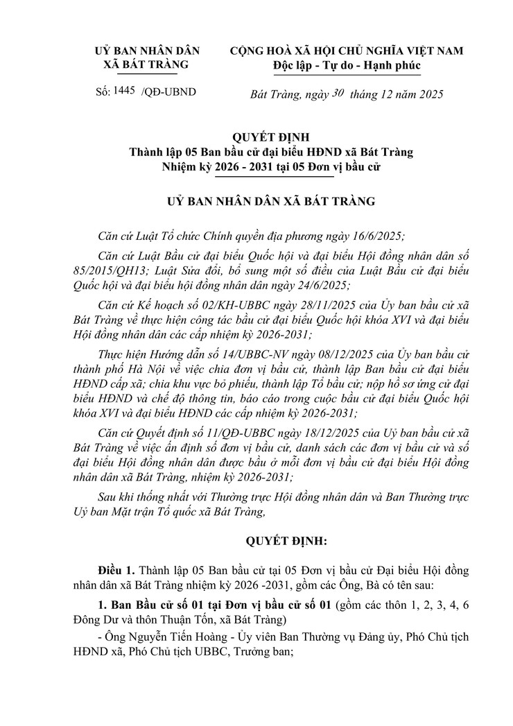 Bát Tràng thành lập 05 ban bầu cử đại biểu HĐND xã nhiệm kỳ 2026 - 2031 tại 05 đơn vị bầu cử- Ảnh 1.