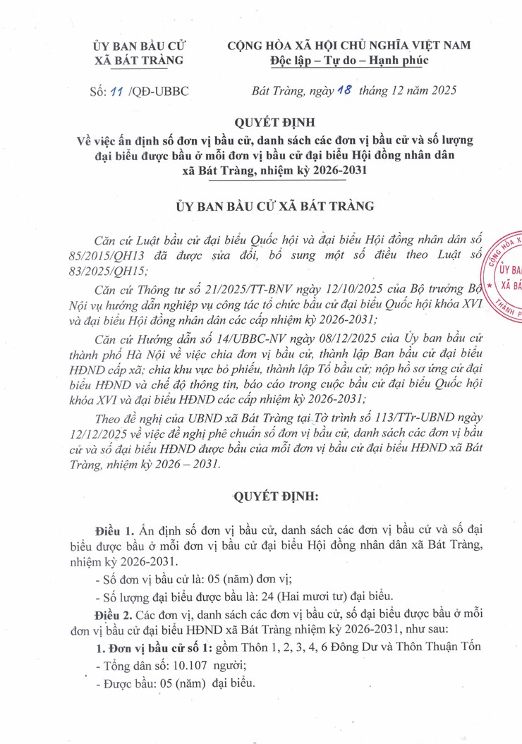 Ủy ban bầu cử xã Bát Tràng ấn định số đơn vị bầu cử, danh sách các đơn vị bầu cử và số lượng đại biểu được bầu ở mỗi đơn vị bầu cử đại biểu HĐND xã Bát Tràng nhiệm kỳ 2026 - 2031- Ảnh 1.