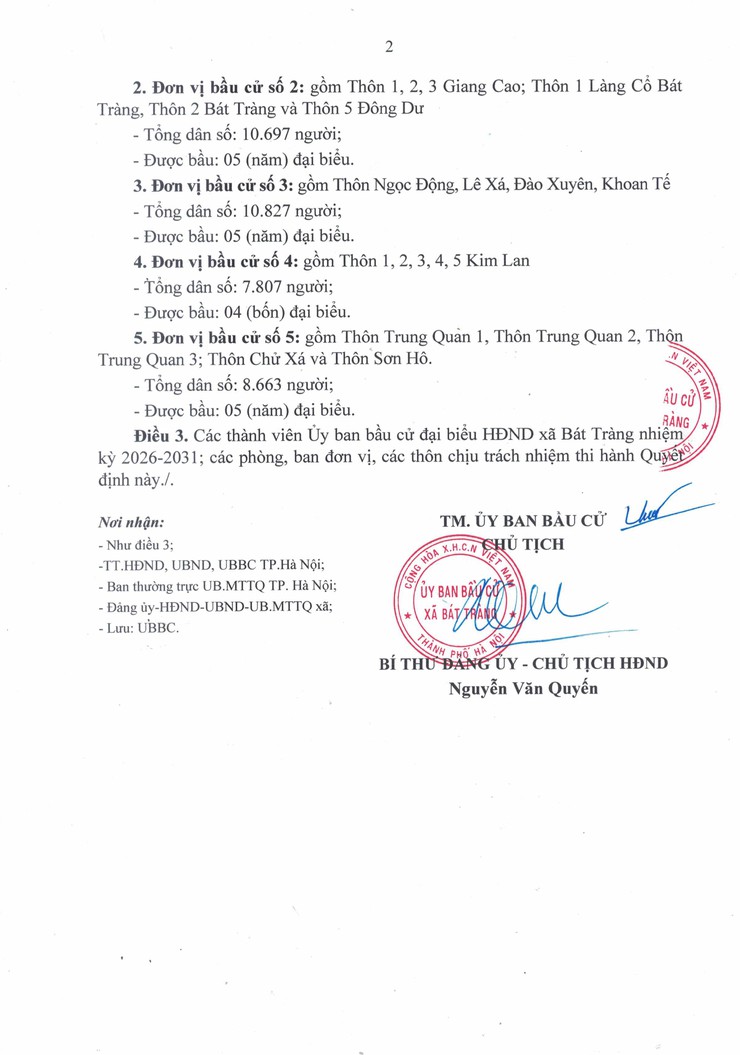Ủy ban bầu cử xã Bát Tràng ấn định số đơn vị bầu cử, danh sách các đơn vị bầu cử và số lượng đại biểu được bầu ở mỗi đơn vị bầu cử đại biểu HĐND xã Bát Tràng nhiệm kỳ 2026 - 2031- Ảnh 2.