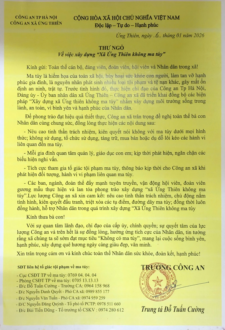 Thư ngỏ về việc xây dựng Xã Ứng Thiên không ma tuý- Ảnh 1.