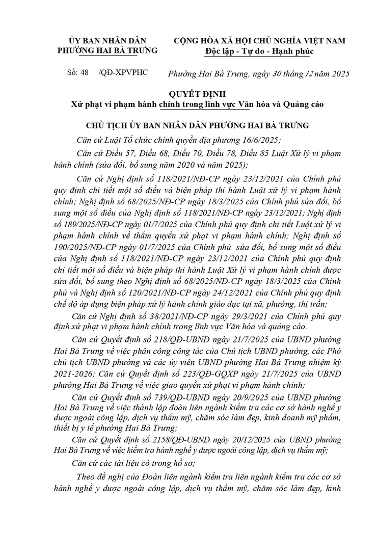 Xử phạt vi phạm hành chính trong lĩnh vực văn hóa và quảng cáo đối với hộ kinh doanh BS Hồng Nhung, địa chỉ tầng 1-L-2 số 85 Bùi Thị Xuân, phường Hai Bà Trưng- Ảnh 1.
