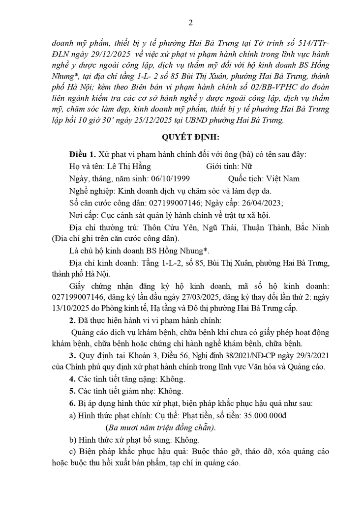 Xử phạt vi phạm hành chính trong lĩnh vực văn hóa và quảng cáo đối với hộ kinh doanh BS Hồng Nhung, địa chỉ tầng 1-L-2 số 85 Bùi Thị Xuân, phường Hai Bà Trưng- Ảnh 2.