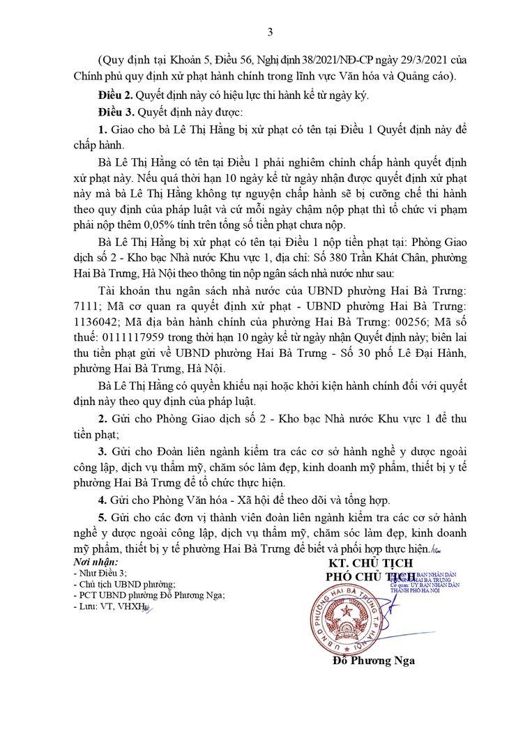 Xử phạt vi phạm hành chính trong lĩnh vực văn hóa và quảng cáo đối với hộ kinh doanh BS Hồng Nhung, địa chỉ tầng 1-L-2 số 85 Bùi Thị Xuân, phường Hai Bà Trưng- Ảnh 3.