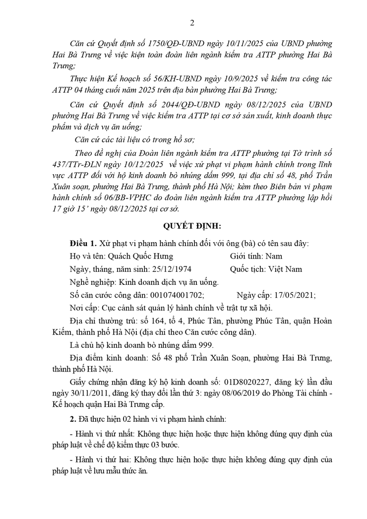 Xử phạt vi phạm hành chính ông Quách Quốc Hưng (chủ hộ kinh doanh bò nhúng dấm 999 - địa chỉ: Số 48 phố Trần Xuân Soạn, phường Hai Bà Trưng, thành phố Hà Nội)- Ảnh 2.