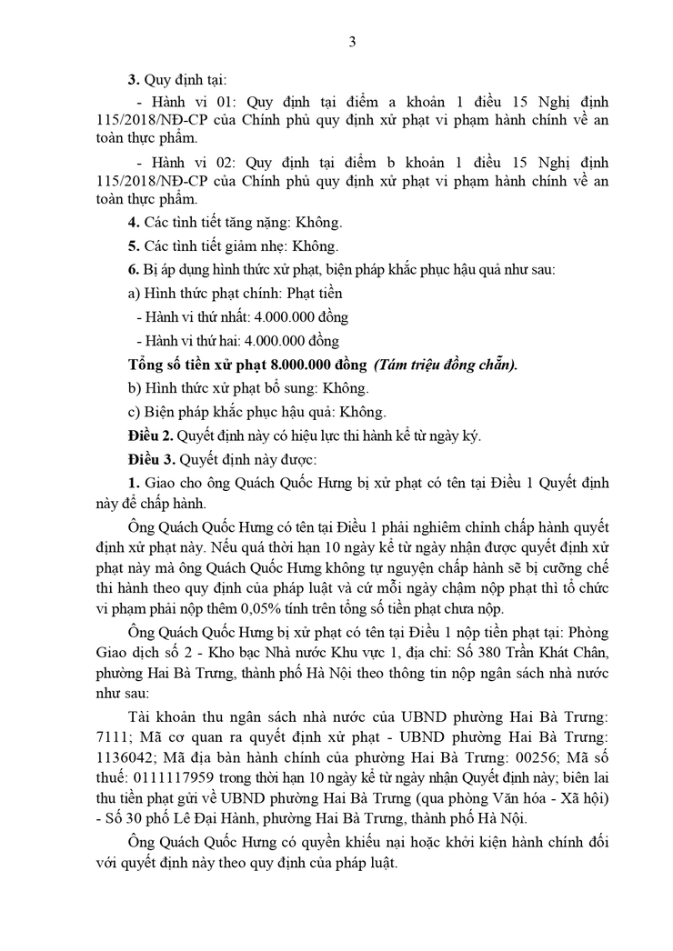 Xử phạt vi phạm hành chính ông Quách Quốc Hưng (chủ hộ kinh doanh bò nhúng dấm 999 - địa chỉ: Số 48 phố Trần Xuân Soạn, phường Hai Bà Trưng, thành phố Hà Nội)- Ảnh 3.
