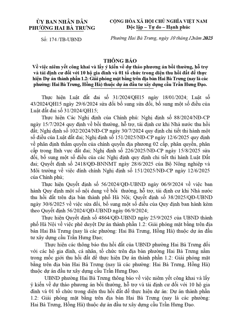 Thông báo niêm yết công khai và lấy ý kiến về dự thảo phương án bồi thường, hỗ trợ và tái định cư thuộc dự án đầu tư xây dựng cầu Trần Hưng Đạo.- Ảnh 1.