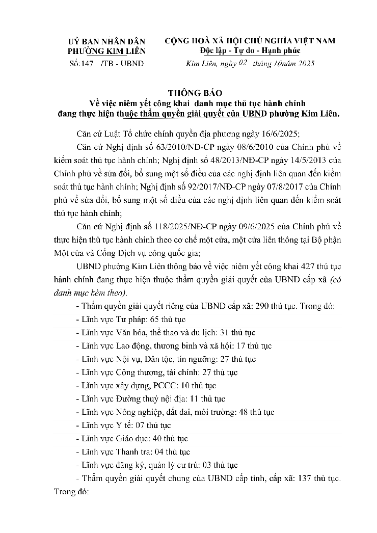 Thông báo về việc niêm yết công khai danh mục thủ tục hành chính- Ảnh 1.