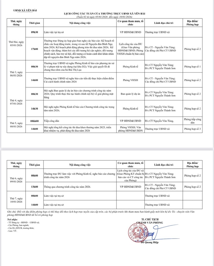 Lịch công tác tuần 02 của UBND xã Yên Bài- Ảnh 1.