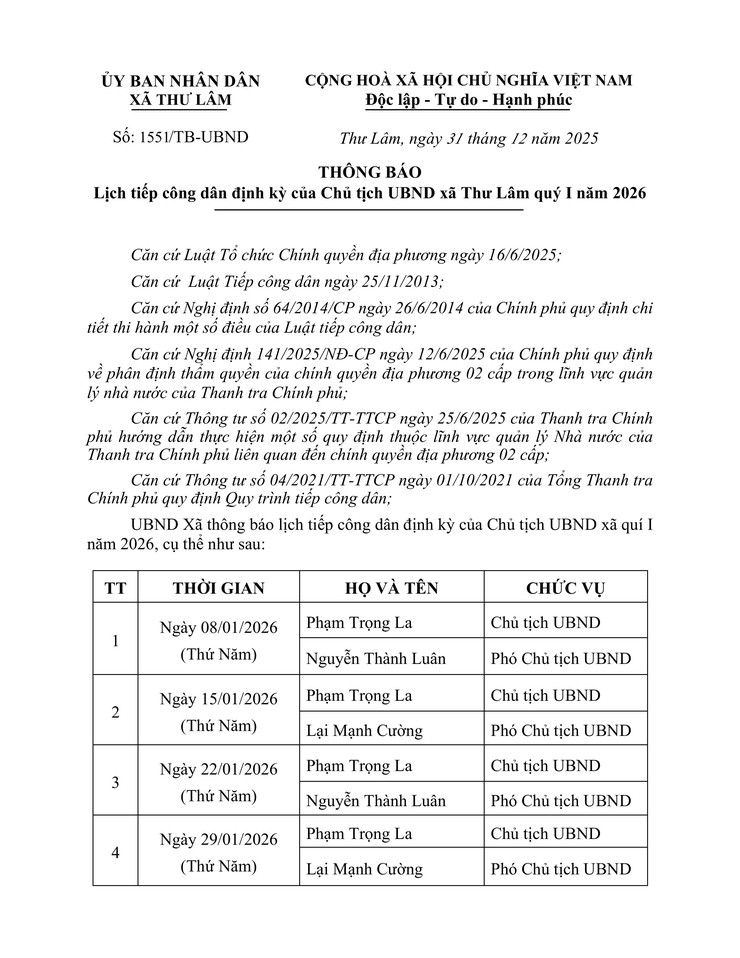 THÔNG BÁO LỊCH TIẾP CÔNG DÂN ĐỊNH KỲ CỦA CHỦ TỊCH UBND XÃ THƯ LÂM QUÝ I NĂM 2026- Ảnh 1.
