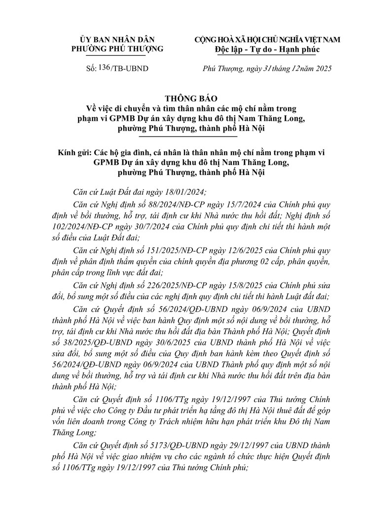Thông báo về việc di chuyển và tìm thân nhân các mộ chí nằm trong phạm vi GPMB Dự án xây dựng khu đô thị Nam Thăng Long, phường Phú Thượng, thành phố Hà Nội- Ảnh 1.