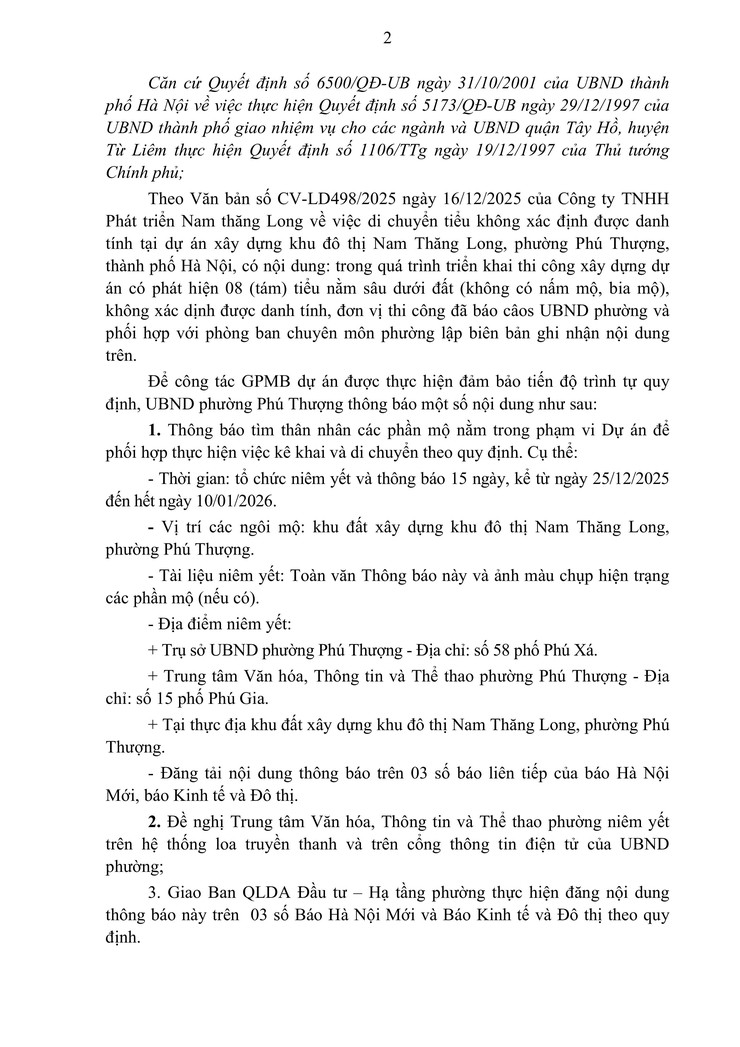 Thông báo về việc di chuyển và tìm thân nhân các mộ chí nằm trong phạm vi GPMB Dự án xây dựng khu đô thị Nam Thăng Long, phường Phú Thượng, thành phố Hà Nội- Ảnh 2.