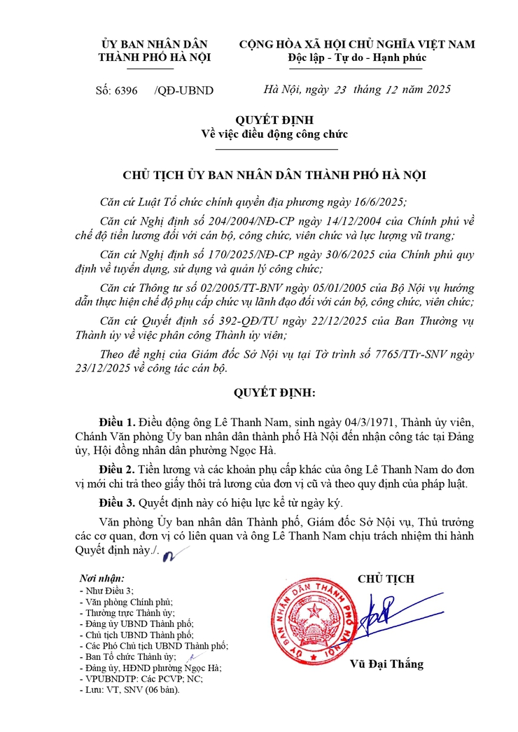 Quyết định 6396/QĐ-UBND: Quyết định điều động ông Lê Thanh Nam đến nhận công tác tại Đảng ủy, Hội đồng nhân dân phường Ngọc Hà- Ảnh 1.