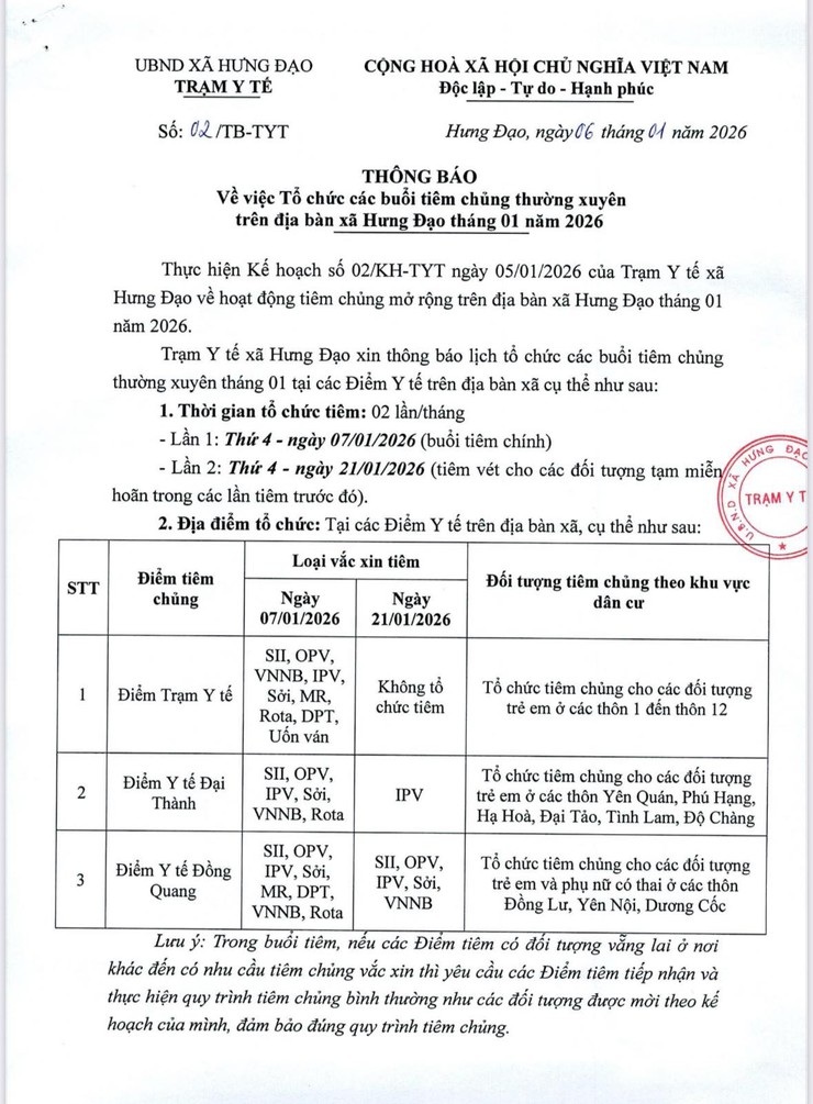 THÔNG BÁO
Về việc Tổ chức các buổi tiêm chủng thường xuyên trên địa bàn xã Hưng Đạo tháng 01 năm 2026- Ảnh 1.