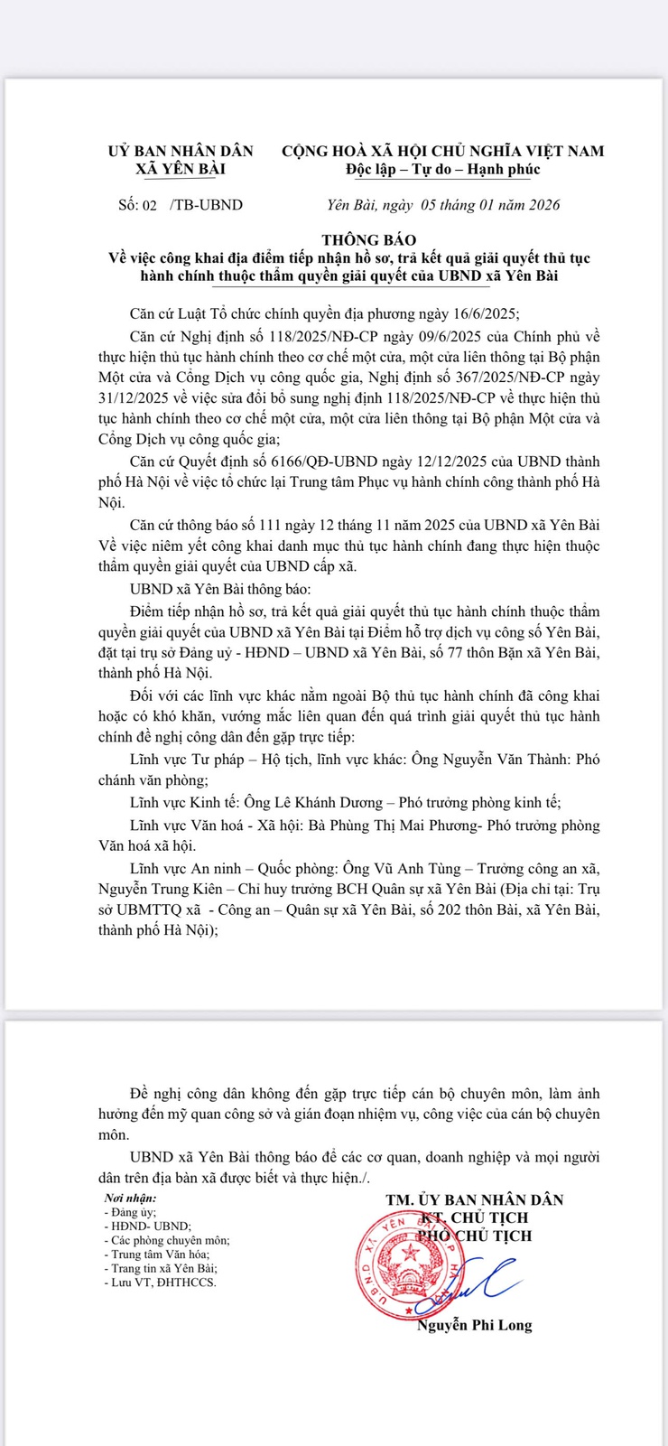 UBND xã Yên Bài thông báo công khai địa điểm tiếp nhận hồ sơ, trả kết quả giải quyết thủ tục hành chính thuộc thẩm quyền giải quyết của UBND xã- Ảnh 1.