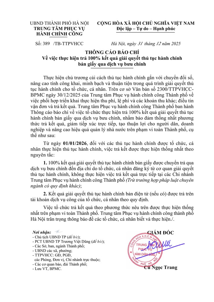 Thông báo về việc thực hiện trả 100% kết quả giải quyết thủ tục hành chính bản giấy qua dịch vụ bưu chính- Ảnh 1.