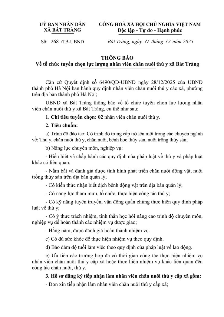 UBND xã Bát Tràng thông báo về tổ chức tuyển chọn lực lượng nhân viên chăn nuôi thú y xã Bát Tràng- Ảnh 1.