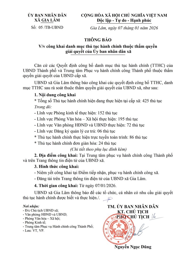 Thông báo về việc công khai danh mục thủ tục hành chính thuộc thẩm quyền giải quyết của Ủy ban nhân dân xã Gia Lâm- Ảnh 1.