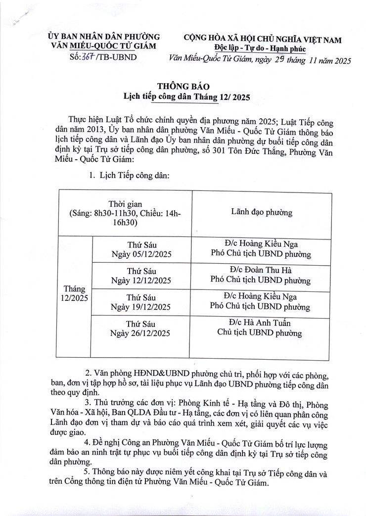 Thông báo lịch tiếp Công dân tháng 12 năm 2025 của UBND phường Văn Miếu - Quốc Tử Giám- Ảnh 1.
