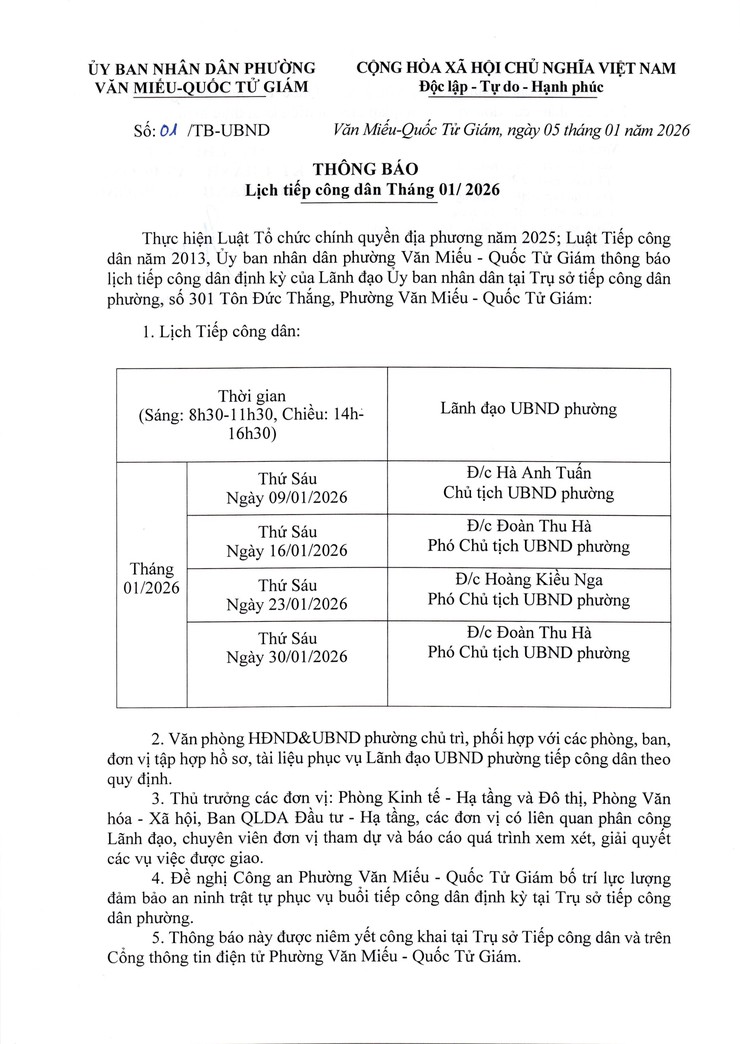 Thông báo lịch tiếp Công dân tháng 1 năm 2026 của UBND phường Văn Miếu - Quốc Tử Giám- Ảnh 1.