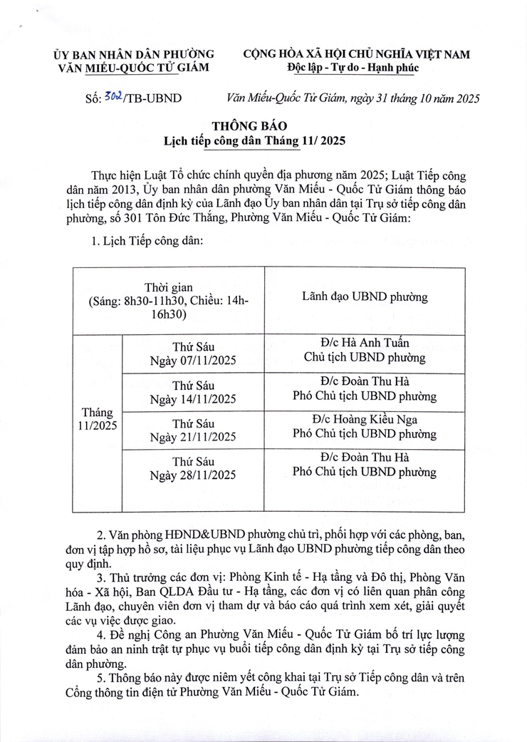 Thông báo lịch tiếp Công dân tháng 11 năm 2025 của UBND phường Văn Miếu - Quốc Tử Giám- Ảnh 1.