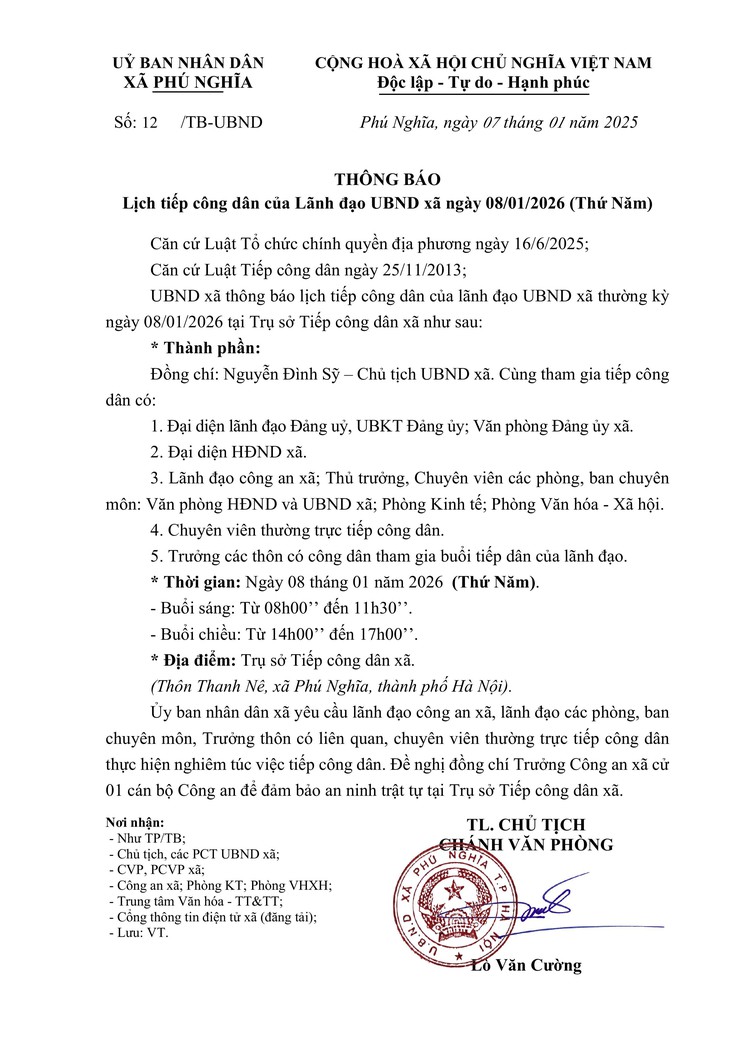 Thông báo lịch tiếp công dân của lãnh đạo Ủy ban nhân dân xã ngày 08/01/2026- Ảnh 1.