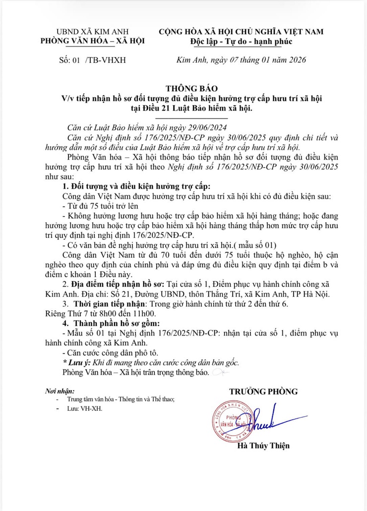 Thông Báo: Về việc tiếp nhận hồ sơ đối tượng đủ điều kiện hưởng trợ cấp hưu trí xã hội tại Điều 21 Luật Bảo hiểm xã hội.- Ảnh 1.